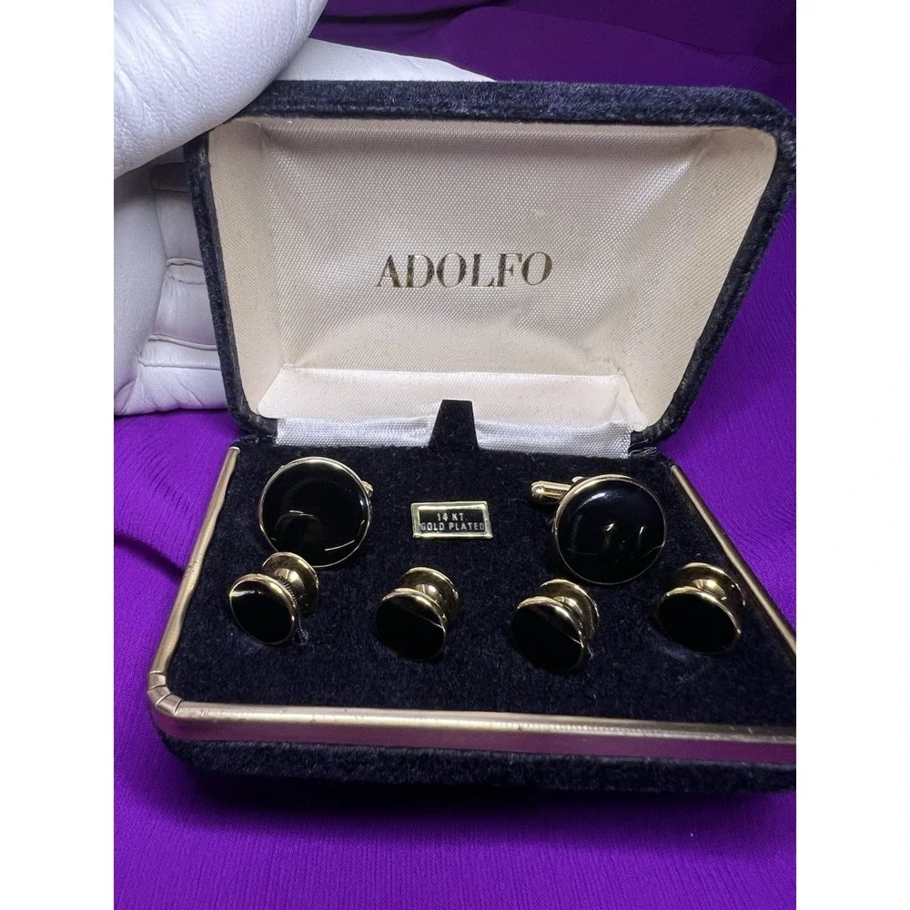 Vintage Adolfo Cufflink Button Set 14KT Gold Plated Onyx Inlay Wedding Gift